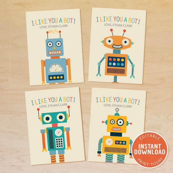 Robot Valentine Cards, Kids Robot Valentines, School Valentine, Classroom Valentine, Printable Valentine Template, EDITABLE