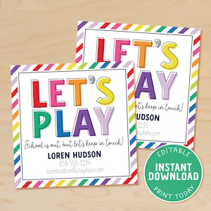 Druckbare Playdate-Karten für Kinder, bearbeitbare Keep in Touch-Karten, Kinder Visitenkarten, Kontaktkarte, Schulende, Regenbogen, Instant Download