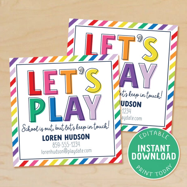 Printable Playdate Cards for Kids, Editable Keep In Touch Cards, Kids Business Card, Contact Card, End of School, Rainbow, Instant Download