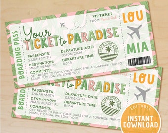 Editable Boarding Pass Template, Beach Plane Ticket, Surprise Vacation Reveal, Ticket to Paradise, Tropical Beach Getaway, Instant Download