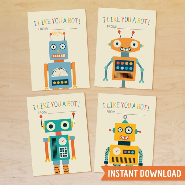 Robot Valentine INSTANT DOWNLOAD, Printable Valentine, Classroom Valentine, School Valentine, Valentine for Boys, Kids Valentine