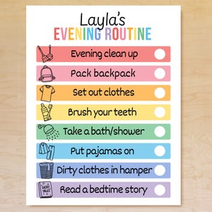 Puede incluir: Un gr&aacute;fico colorido titulado "Layla's Evening Routine" con pasos ilustrados como "Evening clean up", "Pack backpack" y "Read a bedtime story". El gr&aacute;fico est&aacute; dise&ntilde;ado para ni&ntilde;os, con un dise&ntilde;o alegre y organizado.
