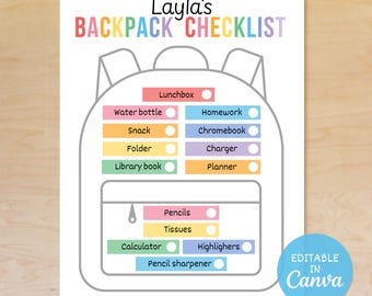 Kids Backpack Checklist, Editable Backpack List, Visual Routine Chart, School Backpack Checklist, School Bag Packing List, Instant Download