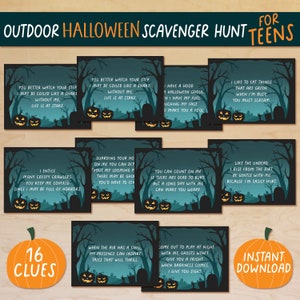 Búsqueda del tesoro de Halloween para adolescentes, búsqueda del tesoro desafiante, búsqueda del tesoro de Halloween al aire libre, tarjetas de pistas, imprimibles, juegos de Halloween