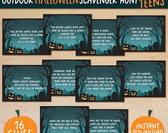May include: A set of 16 Halloween scavenger hunt clues for teens. Each clue is a card with a spooky Halloween-themed illustration and a rhyming riddle. The cards are printed on a dark blue background with a green and black illustration of a pumpkin with a spooky face.