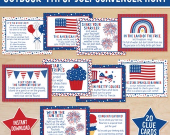 4th of July Outdoor Scavenger Hunt Clue Cards, Fourth of July Treasure Hunt Clues, Independence Day Activity for Kids, USA Scavenger Hunt