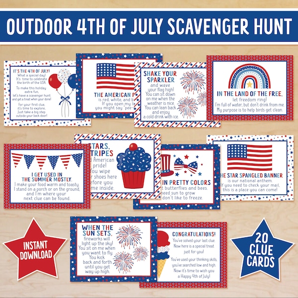 4th of July Outdoor Scavenger Hunt Clue Cards, Fourth of July Treasure Hunt Clues, Independence Day Activity for Kids, USA Scavenger Hunt