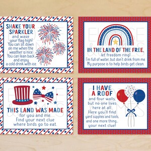 May include: Four red, white, and blue cards with patriotic themes and rhymes. The cards feature a sparkler, a rainbow, a hat and bow tie, and a roof with balloons. The text on the cards reads: "Shake Your Sparkler", "In the Land of the Free", "This Land Was Made", and "I Have a Roof".