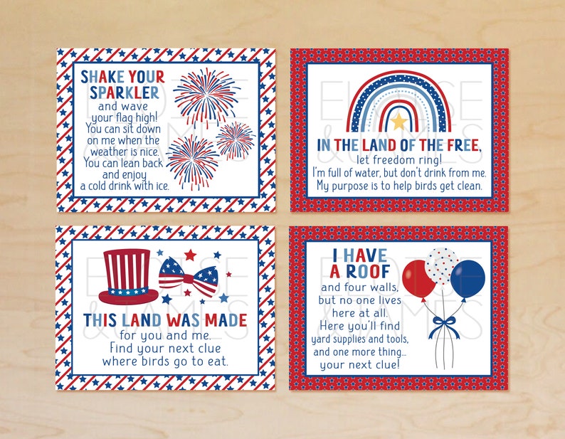 May include: Four red, white, and blue cards with patriotic themes and rhymes. The cards feature a sparkler, a rainbow, a hat and bow tie, and a roof with balloons. The text on the cards reads: "Shake Your Sparkler", "In the Land of the Free", "This Land Was Made", and "I Have a Roof".