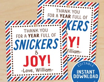 Snickers Gift Tags, Almond Joy Tag, Teacher Appreciation, Teacher Thank You, Year Full of Snickers and Joy, Candy Thank You Tag, Printable