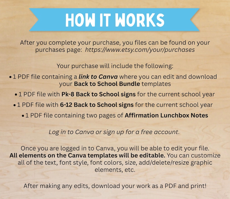 Op de afbeelding: Een lichtblauwe banner met de tekst "HOW IT WORKS" staat op een houten achtergrond. De tekst legt het digitale product uit, inclusief Canva-sjablonen voor Back to School-borden en lunchbox-notities. De tekst bevat ook een link naar Etsy-aankopen.