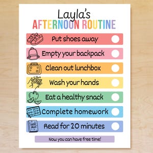 Puede incluir: Un p&oacute;ster colorido titulado "Rutina de la tarde de Layla" con pasos ilustrados: guardar los zapatos, vaciar la mochila, limpiar la lonchera, lavarse las manos, comer un bocadillo, completar la tarea y leer durante 20 minutos.