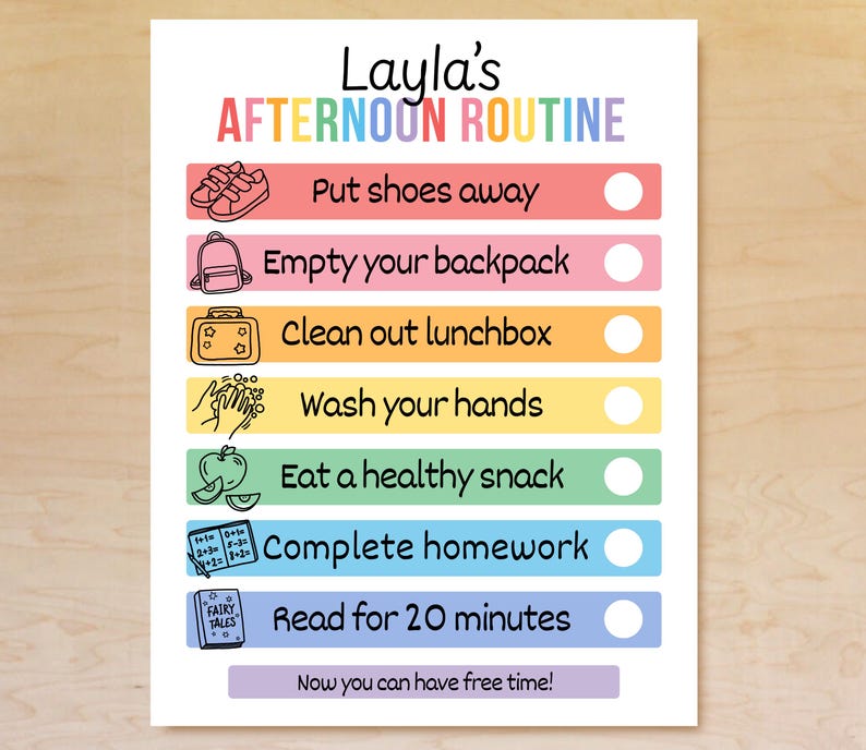 Puede incluir: Un p&oacute;ster colorido titulado "Rutina de la tarde de Layla" con pasos ilustrados: guardar los zapatos, vaciar la mochila, limpiar la lonchera, lavarse las manos, comer un bocadillo, completar la tarea y leer durante 20 minutos.