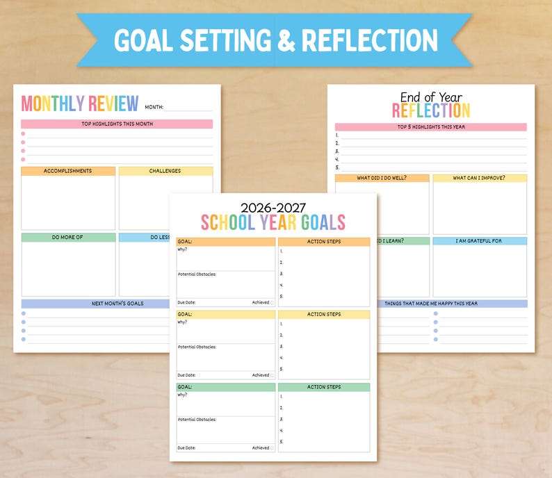 May include: A collection of colorful goal-setting and reflection worksheets. The worksheets include sections for monthly reviews, end-of-year reflections, and school year goals for 2026-2027. The text "GOAL SETTING & REFLECTION" is at the top.