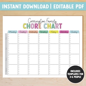 May include: Printable chore chart with a colorful title "Carrington Family Chore Chart" and a grid with days of the week and names of family members: Mom, Dad, Penny, Wilson. Includes templates for 3-6 people.