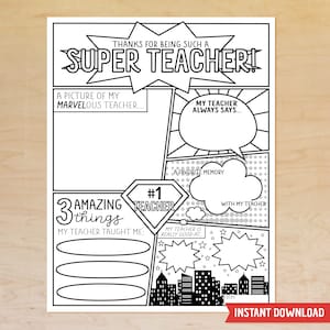 Superheld Lehrer Wertschätzung Printable, Alles über meinen Lehrer, Malvorlage,Umfrage, Danke, dass du ein Superlehrer bist, Sofort Download