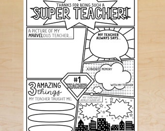 Superhero Teacher Appreciation Printable, All About My Teacher, Coloring Sheet, Survey, Thanks for Being a Super Teacher, Instant Download