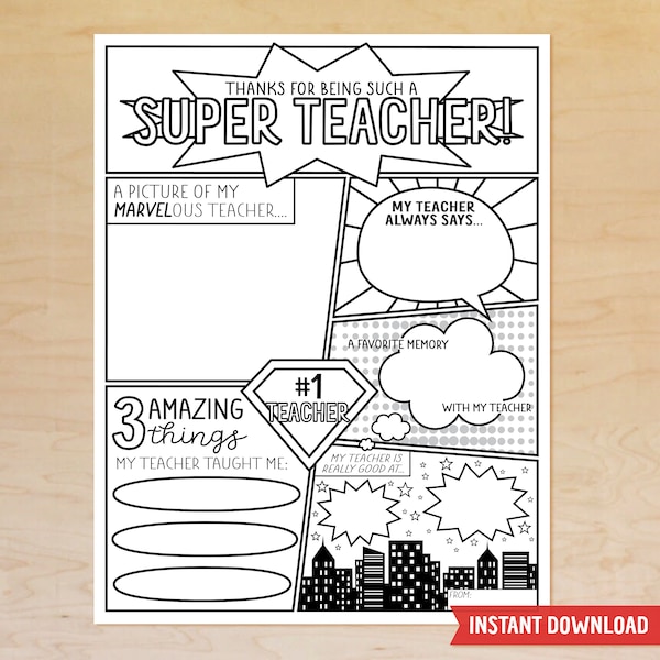 Superhero Teacher Appreciation Printable, All About My Teacher, Coloring Sheet, Survey, Thanks for Being a Super Teacher, Instant Download