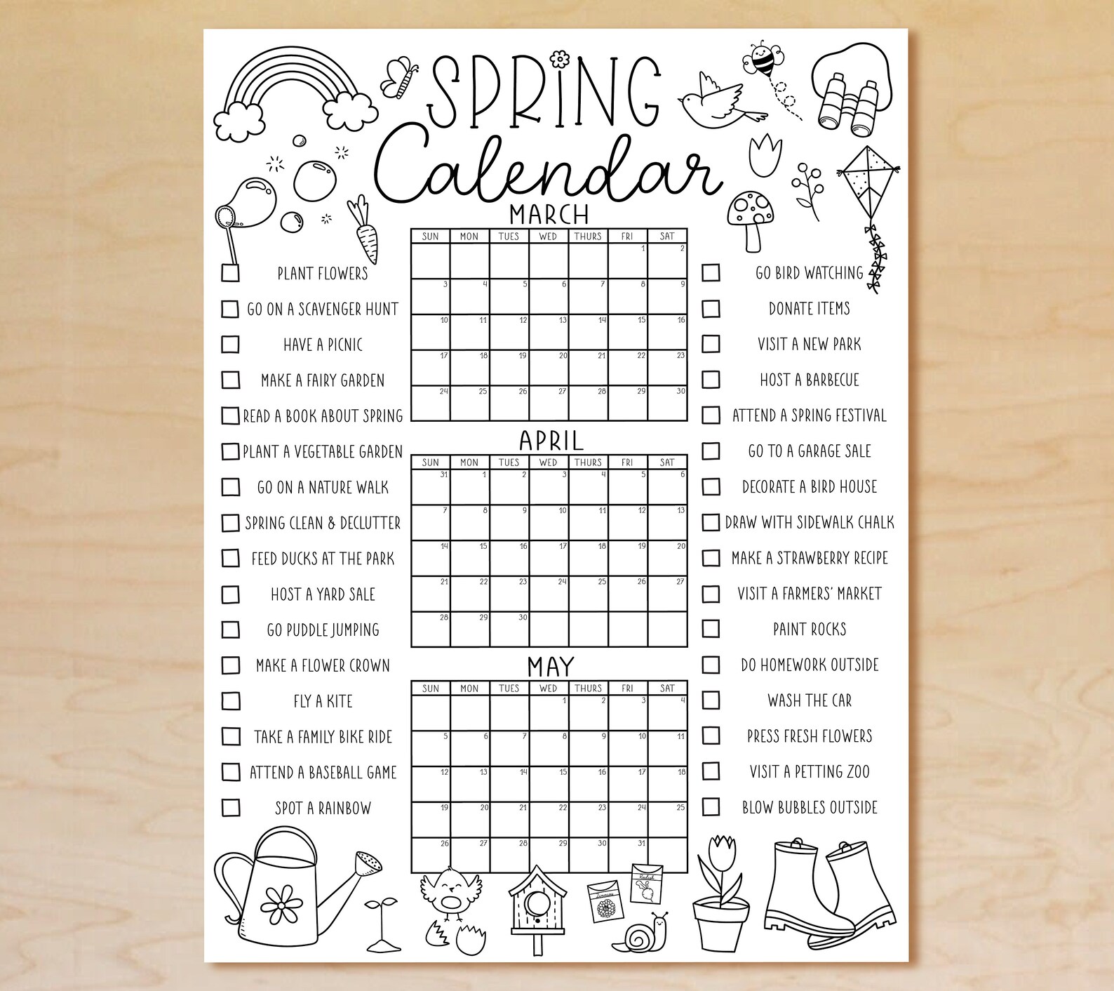 Printable Spring Calendar Poster, Spring Activities Calendar, Spring ...