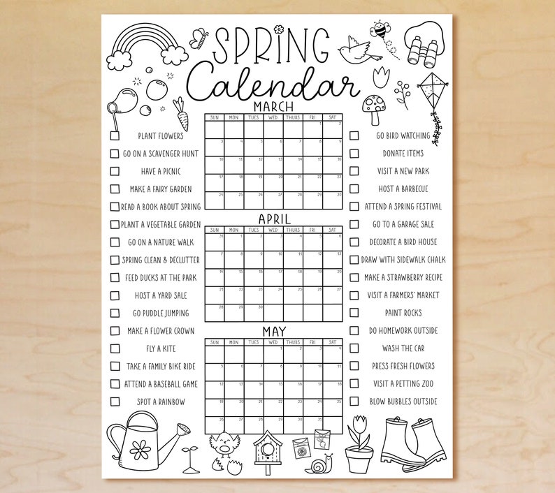 Printable Spring Calendar Poster, Spring Activities Calendar, Spring ...