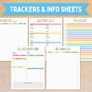 May include: A collection of colorful printable trackers and info sheets. The sheets include a grade tracker, contact list, to-do list, class overview, and reading log. The text "TRACKERS & INFO SHEETS" is displayed in a blue banner.