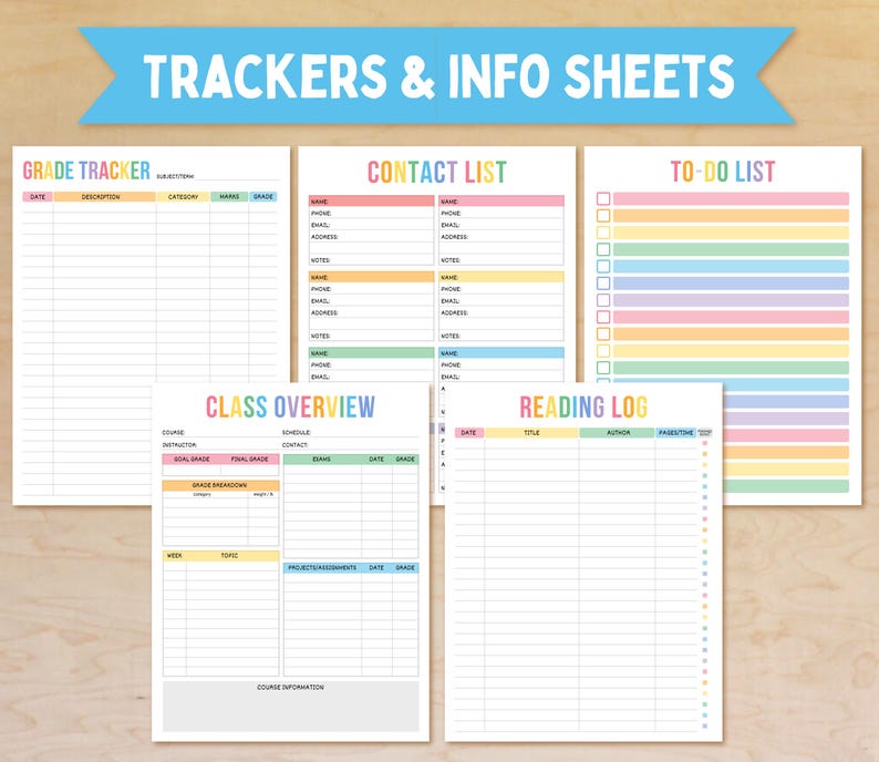 May include: A collection of colorful printable trackers and info sheets. The sheets include a grade tracker, contact list, to-do list, class overview, and reading log. The text "TRACKERS & INFO SHEETS" is displayed in a blue banner.