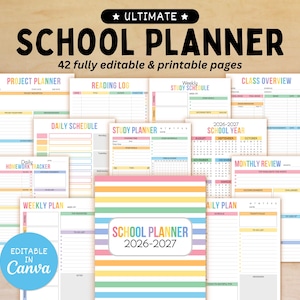 Puede incluir: Un planificador escolar con una cubierta a rayas coloridas y el texto "SCHOOL PLANNER 2026-2027". El planificador incluye páginas para la planificación de proyectos, horarios diarios y planes semanales. También se ve el texto "ULTIMATE" y "42 páginas totalmente editables e imprimibles".