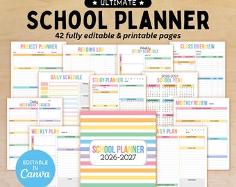 Editable School Planner for Kids, 2026-2027 Student Planner, Printable Study Planner,  Homework Tracker, School Calendar, Routine Checklist