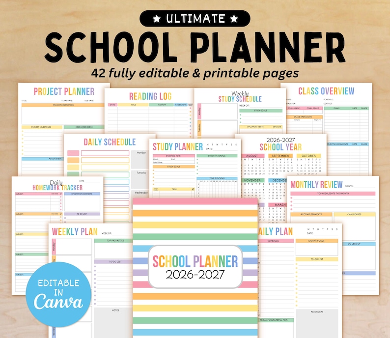 May include: A school planner with a colorful striped cover and the text "SCHOOL PLANNER 2026-2027." The planner includes various pages for project planning, daily schedules, and weekly plans. The text "ULTIMATE" and "42 fully editable & printable pages" are also visible.