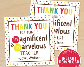M&Ms Teacher Appreciation Gift Tag, Magnificent and Marvelous Teacher, Appreciation Week, Thank You Gift Tags, Teacher Treat, Printable