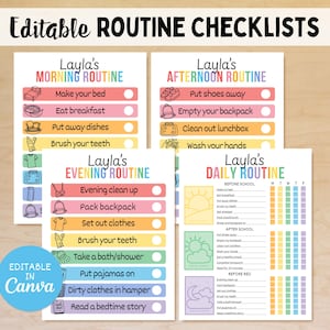 May include: Four printable routine checklists for children, with morning, afternoon, evening, and daily schedules. Each checklist includes tasks such as making the bed, eating breakfast, and brushing teeth. The checklists are titled "Layla's" and are editable in Canva.