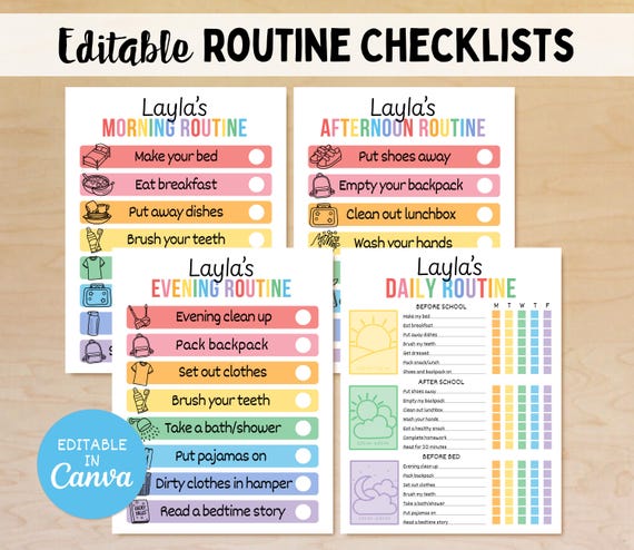 Editable Daily Checklist for Kids, Routine Chart for Kids, School Day Checklist, Chore Chart, Daily Responsibilities, Canva Template