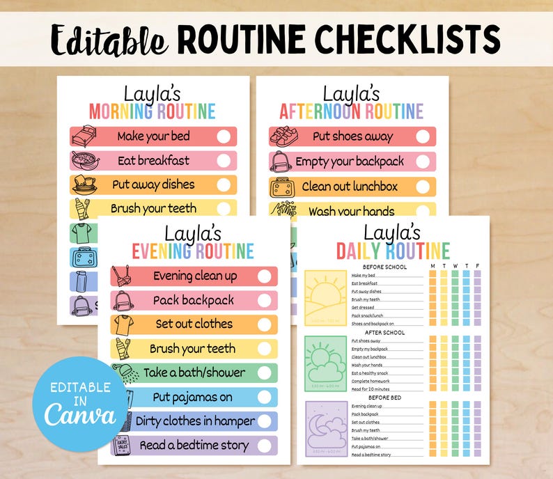 Puede incluir: Cuatro listas de verificaci&oacute;n de rutina imprimibles para ni&ntilde;os, con horarios de ma&ntilde;ana, tarde, noche y diarios. Cada lista incluye tareas como hacer la cama, desayunar y cepillarse los dientes. Las listas se titulan "Layla's" y son editables en Canva.