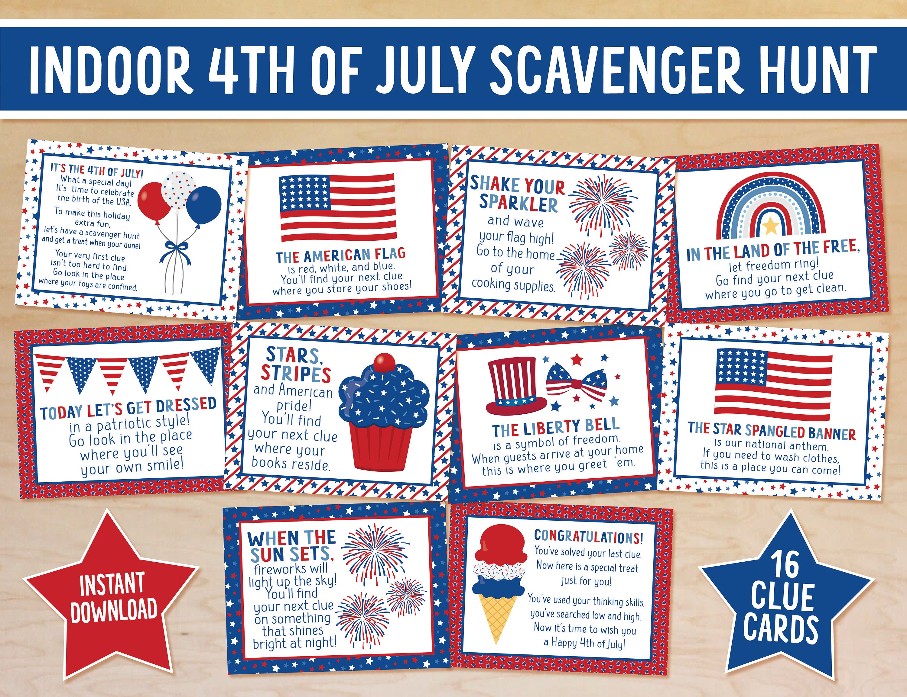 4th of July Indoor Scavenger Hunt Clue Cards Fourth of July - Etsy