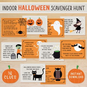 Caça ao tesouro de Halloween para crianças, cartões de dicas para caça ao tesouro de Halloween em ambientes fechados, para impressão, atividade de Halloween, jogo de festa de Halloween