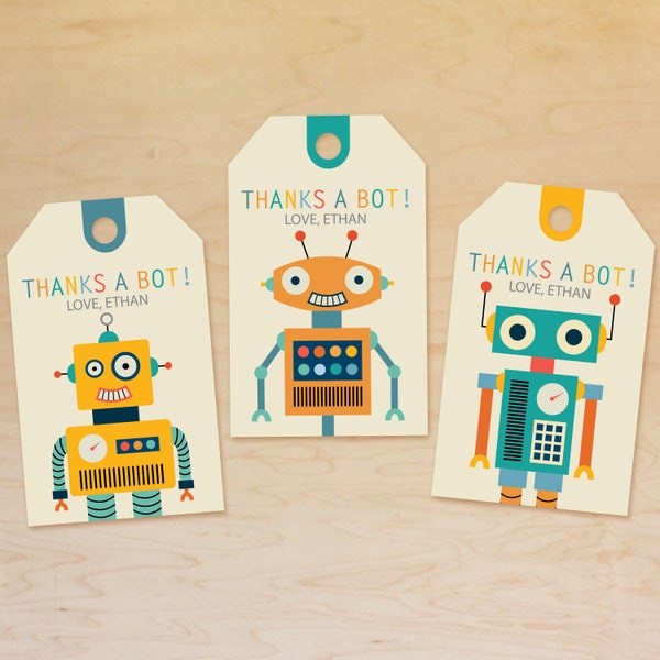 Robot partij gunst tags gepersonaliseerd, verjaardag dank u tags, robot partij decoraties, robot verjaardagsthema, afdrukbare dank u tags