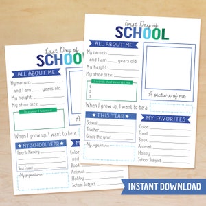 Back to School Interview, First Day of School Printable, Questionnaire, Worksheet, All About Me, Instant Download, School Memories, Keepsake