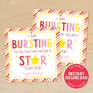 Teacher Appreciation Gift Tag, Starburst Gift Tags, Teacher Appreciation Week, Teacher Thank You, Printable Candy Tags, You are a Star