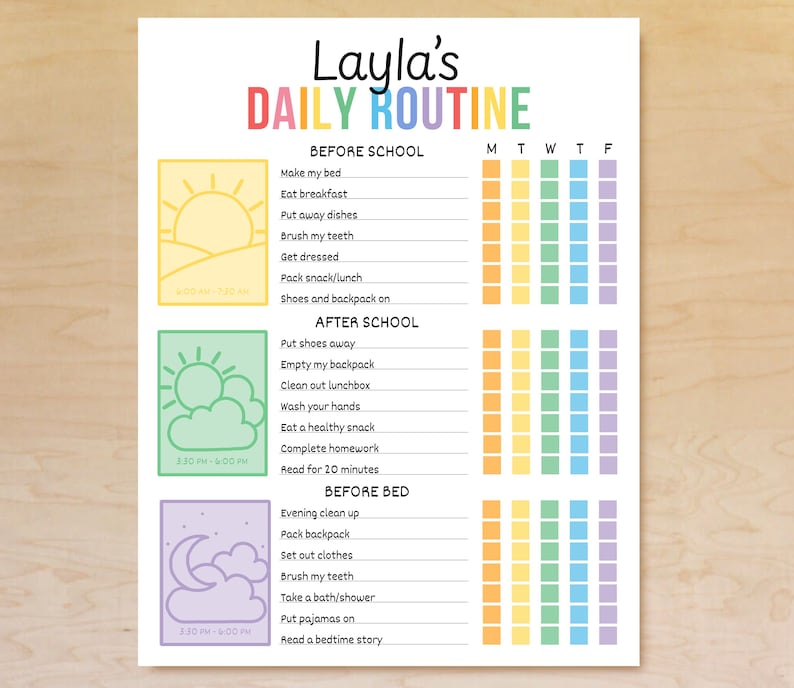 Puede incluir: Un gr&aacute;fico de rutina diaria colorido para "Layla" con secciones para antes de la escuela, despu&eacute;s de la escuela y antes de acostarse. Cada secci&oacute;n enumera tareas con casillas de verificaci&oacute;n para cada d&iacute;a de la semana. Incluye ilustraciones de sol, nubes y luna.