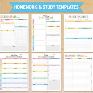 May include: A collection of colorful printable homework and study templates. The templates include a study planner, weekly study schedule, project planner, weekly homework tracker, daily homework tracker, and assignment tracker. The text "Homework & Study Templates" is at the top.