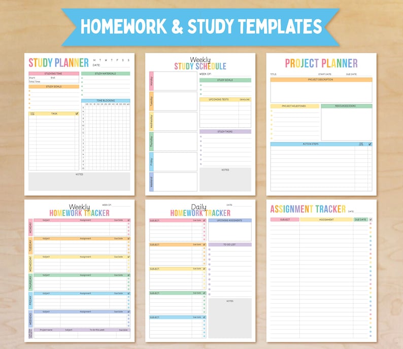May include: A collection of colorful printable homework and study templates. The templates include a study planner, weekly study schedule, project planner, weekly homework tracker, daily homework tracker, and assignment tracker. The text "Homework & Study Templates" is at the top.