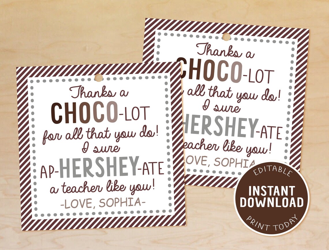 Hershey Teacher Appreciation Tag Chocolate Thank You Tags Etsy