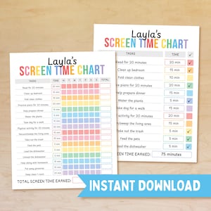 Może przedstawiać: Dwa kolorowe wykresy czasu przed ekranem z napisem "Screen Time Chart Layli". Wykresy zawierają zadania z przedziałami czasowymi. Niebieski baner na dole głosi "Natychmiastowe pobieranie".