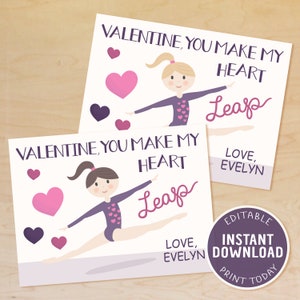 Gymnastics Valentine Card, Printable Gymnast Valentine for Kids, Classroom, School, Team, You Make My Heart Leap, EDITABLE