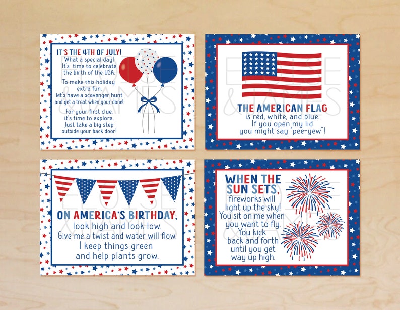 May include: Four cards with red, white, and blue stars and stripes designs. Each card has a different patriotic poem about the 4th of July. The text on the cards reads: "It's the 4th of July!", "The American Flag", "On America's Birthday", and "When the Sun Sets."