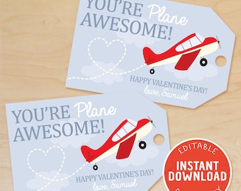 May include: Two printable Valentine's Day gift tags featuring a red airplane flying through the clouds with a heart-shaped trail. The text on the tags reads "You're Plane Awesome!" and "Happy Valentine's Day! love, Samuel".