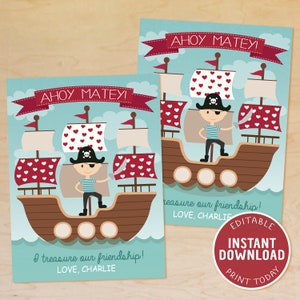 Saint-Valentin pirate pour enfants, Saint-Valentin d'école, Saint-Valentin de classe, bateau pirate, Ahoy Matey, je chéris notre amitié, imprimable, MODIFIABLE