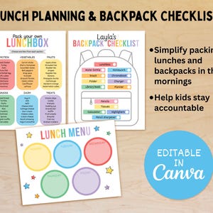 Op de afbeelding: Een set afdrukbare checklists voor lunchplanning en rugzakken. Bevat een lunchboxlijst met voedselopties, een rugzakchecklist en een wekelijks lunchmenu. De tekst luidt "Bewerkbaar in Canva".