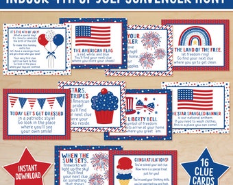 4th of July Indoor Scavenger Hunt Clue Cards, Fourth of July Treasure Hunt Clues, Independence Day Activities for Kids, Patriotic Party Game