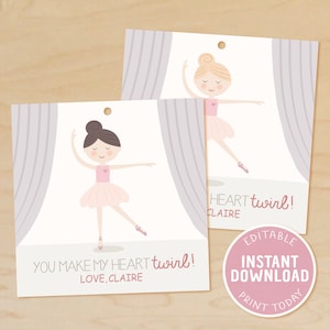 May include: Two printable gift tags featuring a ballerina illustration with the text "You make my heart twirl! Love, Claire" and "Heart twirl! Claire". The tags are pink and white with a purple curtain backdrop.